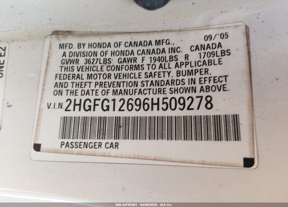 2006 HONDA CIVIC LX VIN: 2HGFG12696H509278