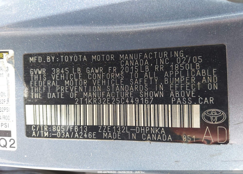 2005 TOYOTA MATRIX XR VIN: 2T1KR32E25C449167