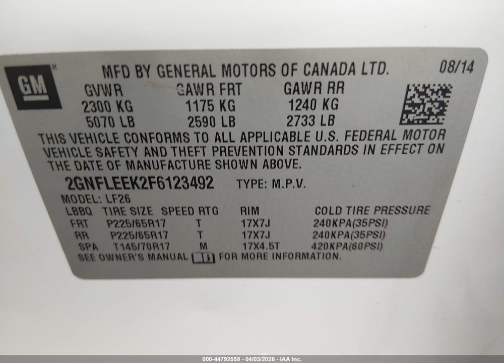 2015 CHEVROLET EQUINOX LS VIN: 2GNFLEEK2F6123492