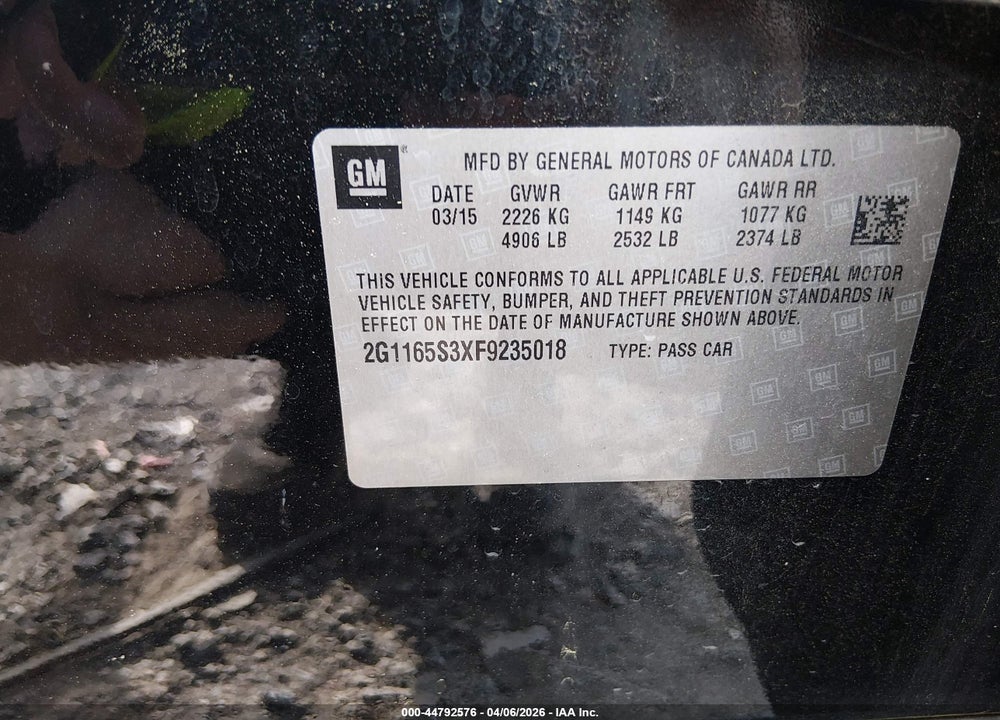 2015 CHEVROLET IMPALA 2LZ VIN: 2G1165S3XF9235018