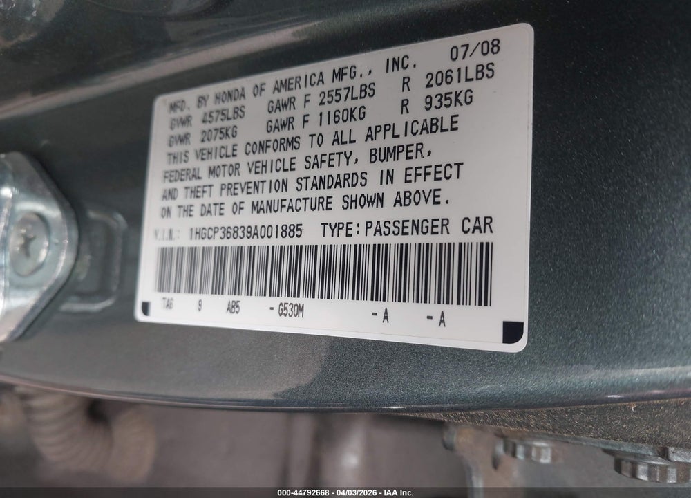 2009 HONDA ACCORD 3.5 EX-L VIN: 1HGCP36839A001885