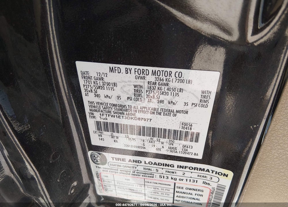 2013 KING FORD F-150  RANCH VIN: 1FTFW1ET3DKD87977