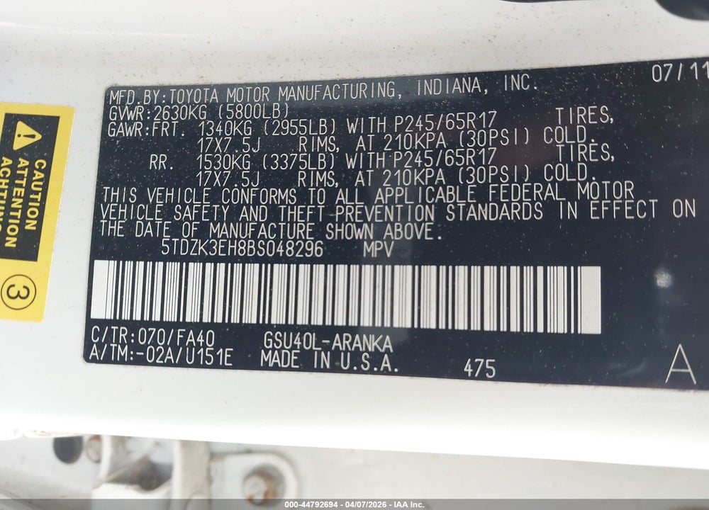 2011 TOYOTA HIGHLANDER BASE V6 VIN: 5TDZK3EH8BS048296