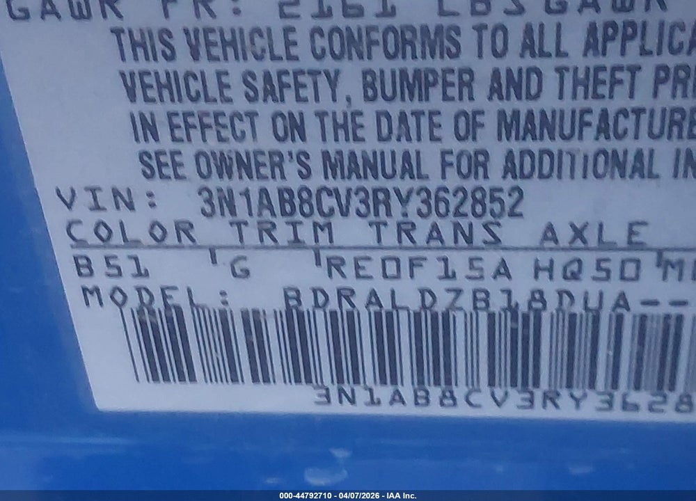 2024 NISSAN SENTRA SV XTRONIC CVT VIN: 3N1AB8CV3RY362852