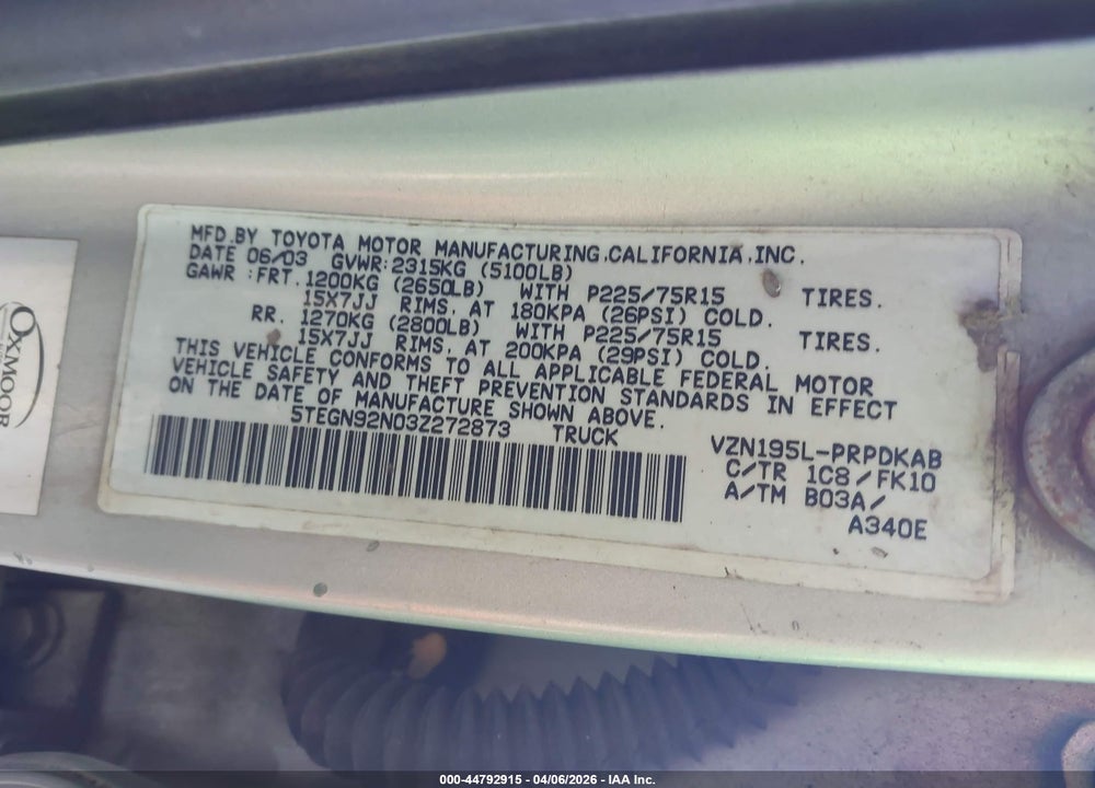 2003 TOYOTA TACOMA PRERUNNER V6 VIN: 5TEGN92N03Z272873