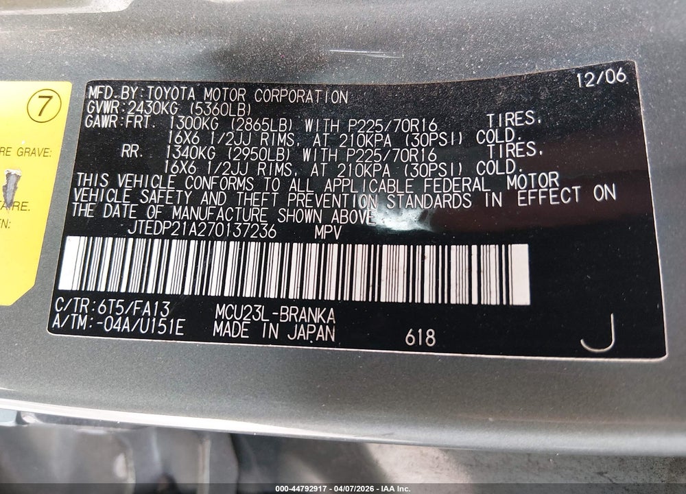 2007 TOYOTA HIGHLANDER V6 VIN: JTEDP21A270137236