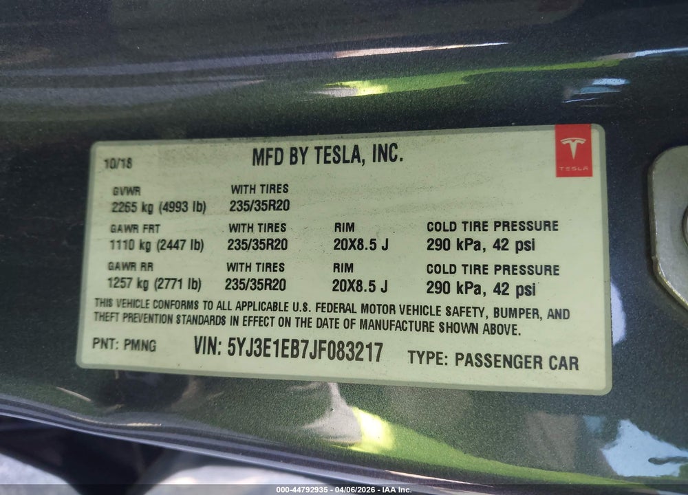 2018 TESLA MODEL 3 LONG RANGE/PERFORMANCE VIN: 5YJ3E1EB7JF083217