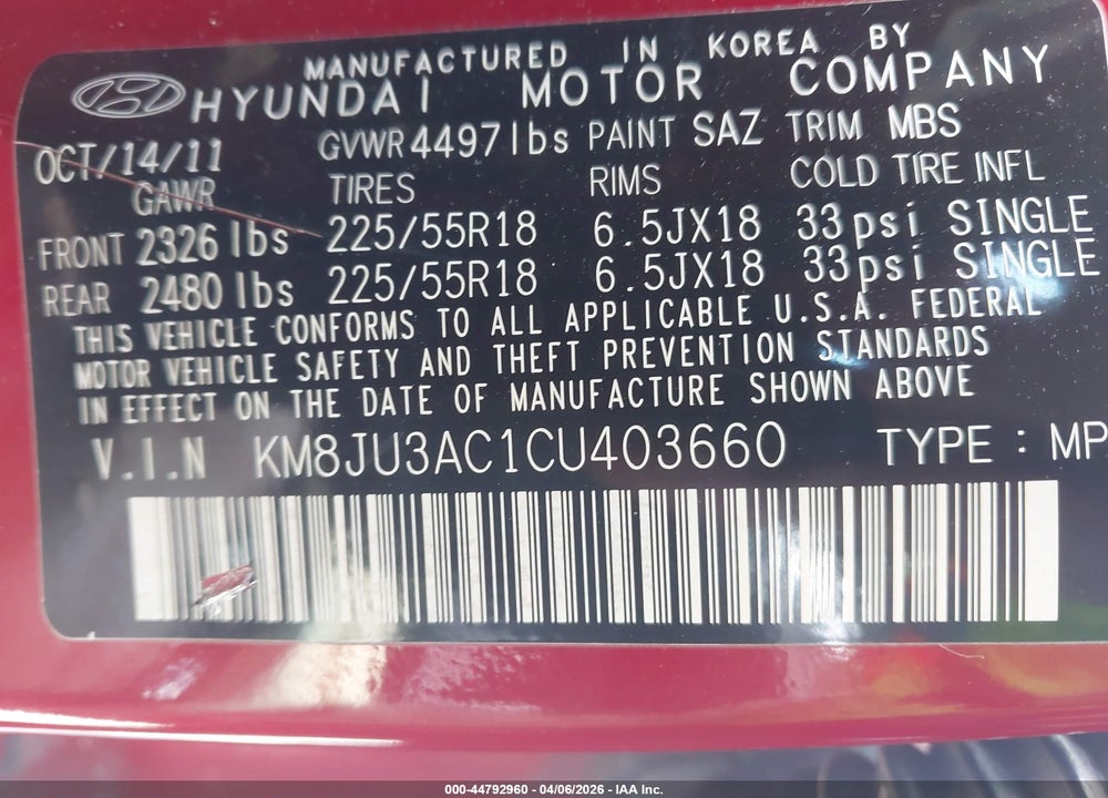 2012 HYUNDAI TUCSON LIMITED VIN: KM8JU3AC1CU403660