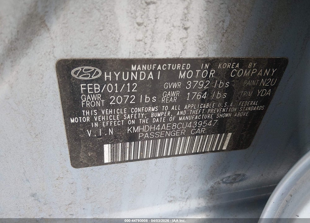 2012 HYUNDAI ELANTRA VIN: KMHDH4AE8CU439547