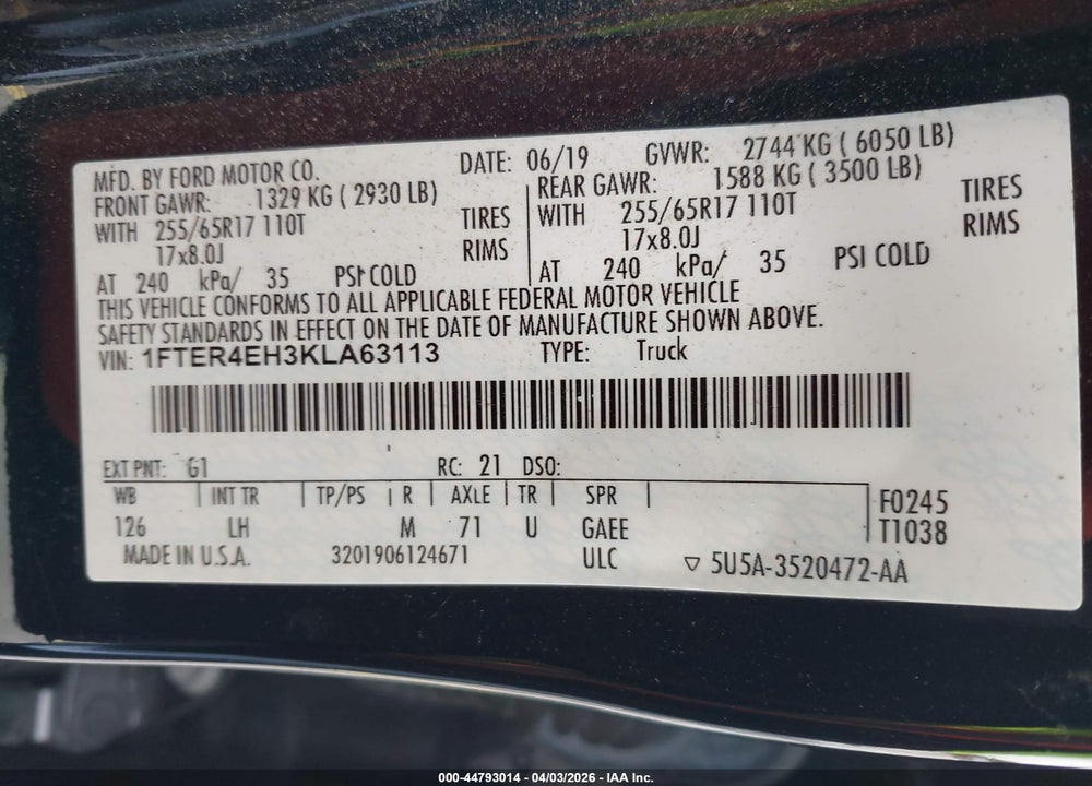 2019 FORD RANGER XLT VIN: 1FTER4EH3KLA63113