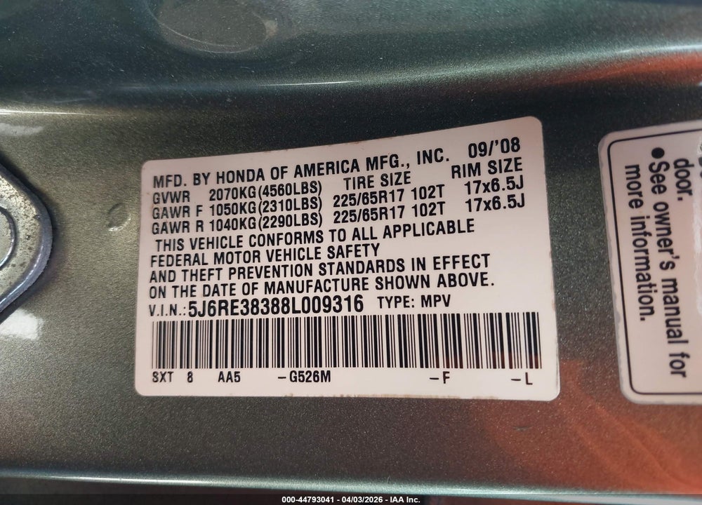 2008 HONDA CR-V LX VIN: 5J6RE38388L009316