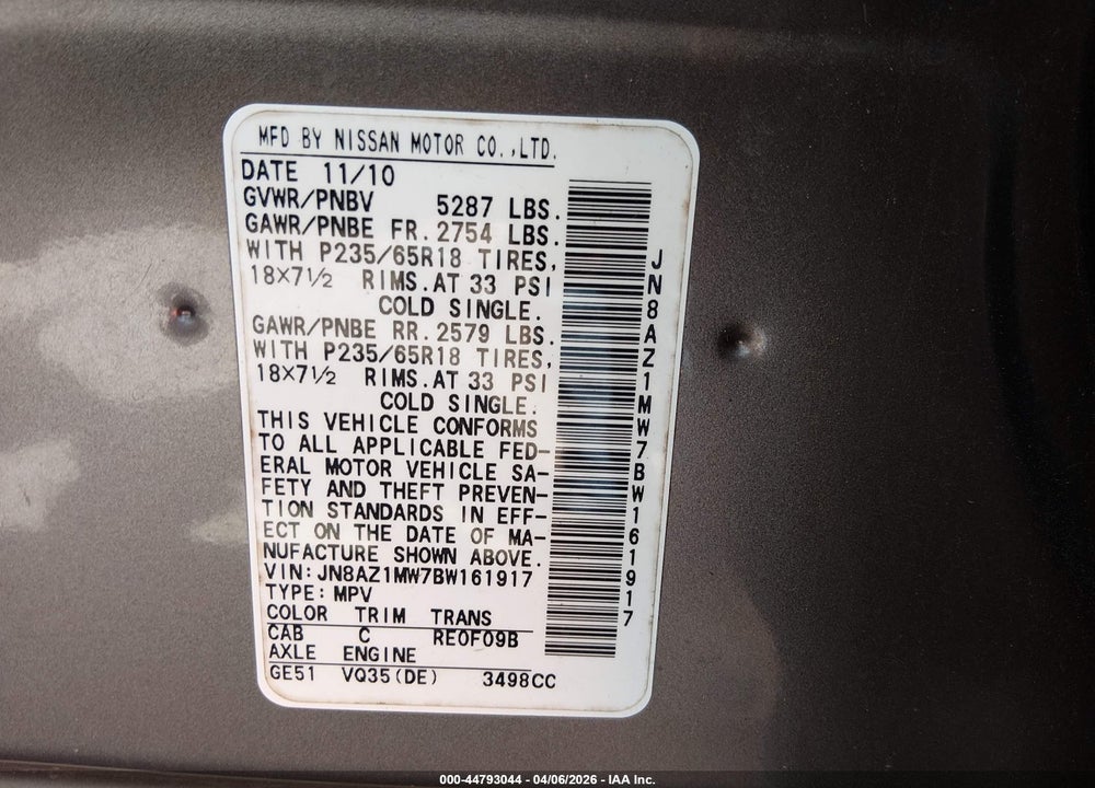 2011 NISSAN MURANO S VIN: JN8AZ1MW7BW161917