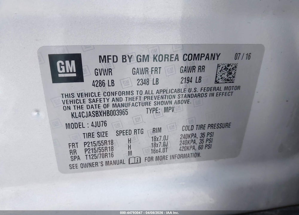 2017 BUICK ENCORE PREFERRED VIN: KL4CJASBXHB003965
