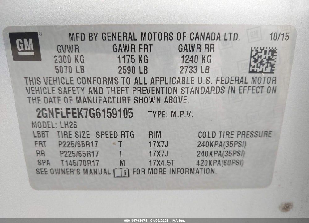 2016 CHEVROLET EQUINOX LT VIN: 2GNFLFEK7G6159105