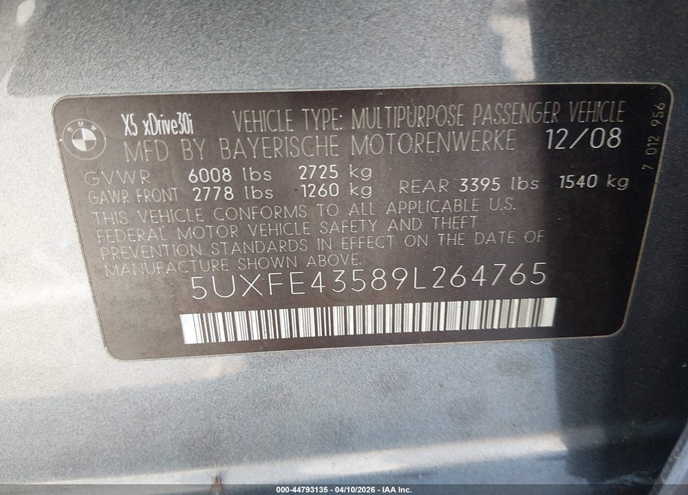 2009 BMW X5 XDRIVE30I VIN: 5UXFE43589L264765