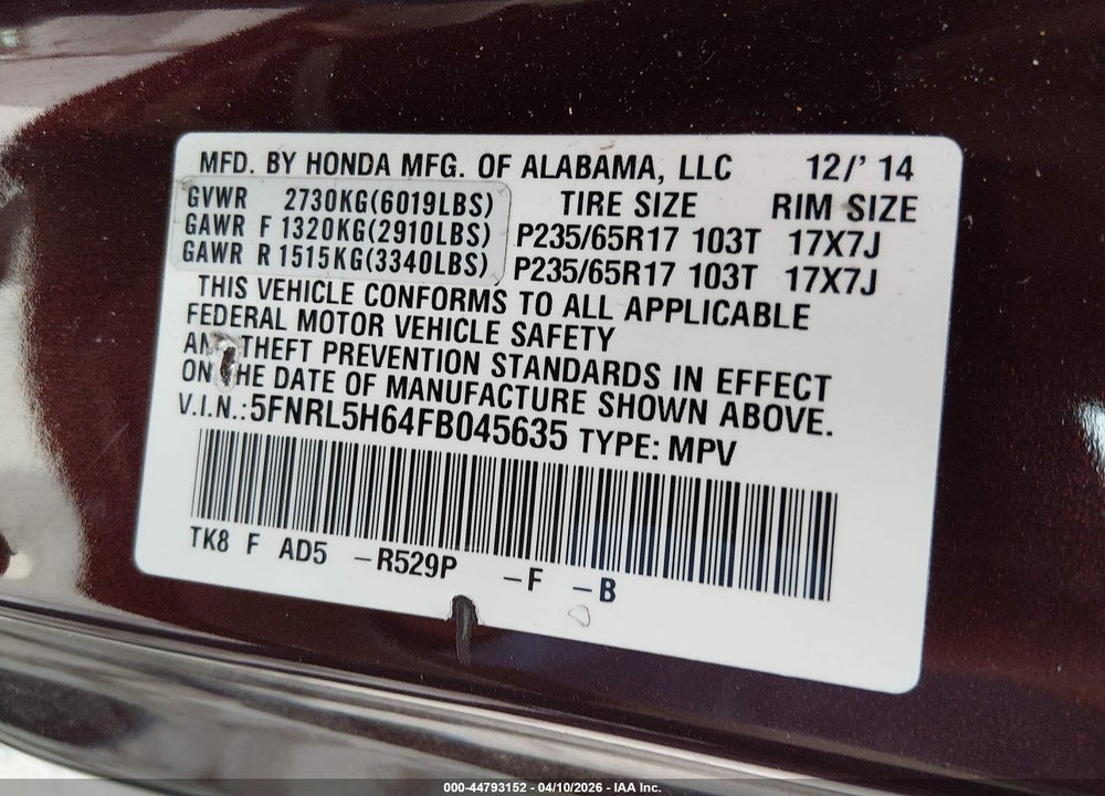 2015 HONDA ODYSSEY EX-L VIN: 5FNRL5H64FB045635