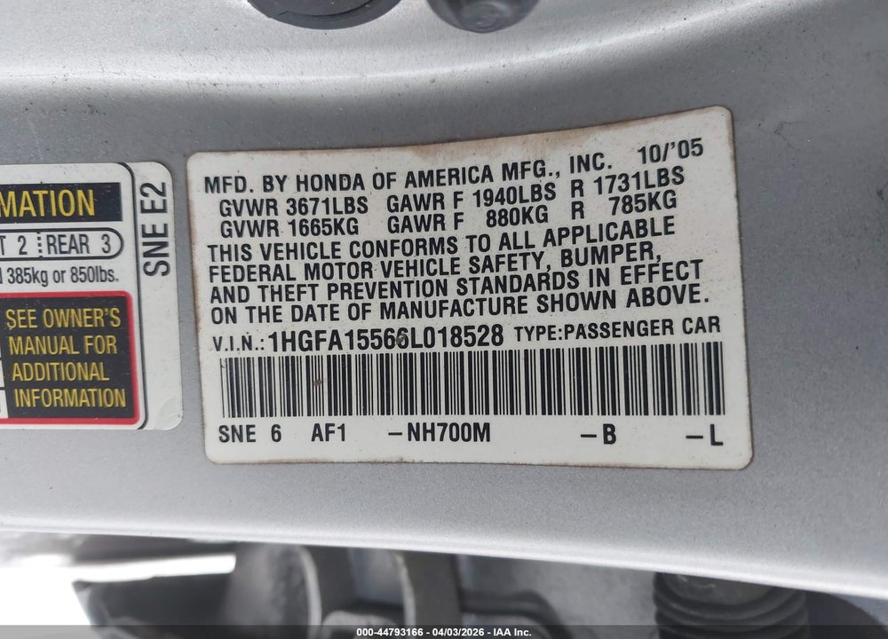 2006 HONDA CIVIC LX VIN: 1HGFA15566L018528