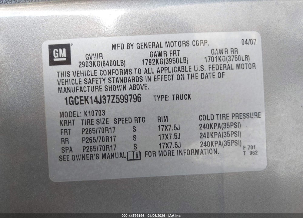 2007 CHEVROLET SILVERADO 1500 LT1 VIN: 1GCEK14J37Z599796