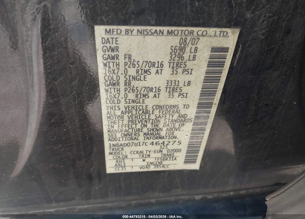 2007 NISSAN FRONTIER SE VIN: 1N6AD07U17C464275
