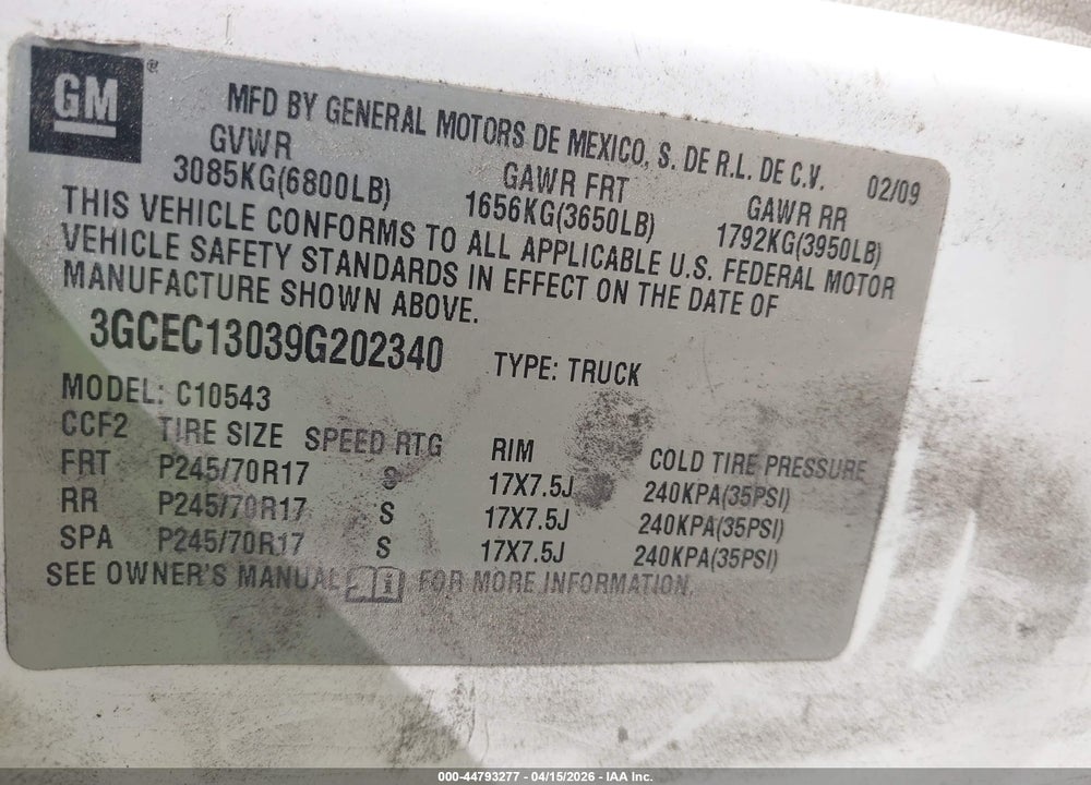 2009 CHEVROLET SILVERADO 1500 WORK TRUCK VIN: 3GCEC13039G202340