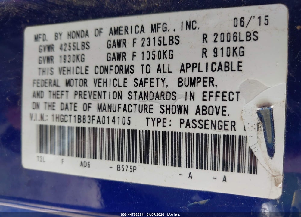 2015 HONDA ACCORD EX-L VIN: 1HGCT1B83FA014105