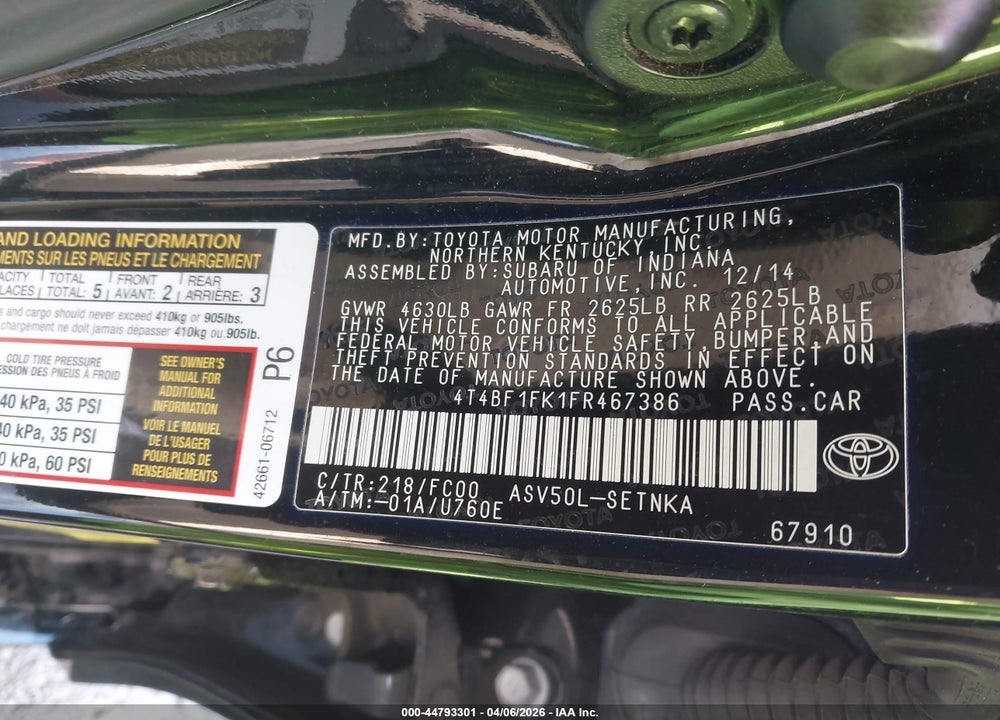 2015 TOYOTA CAMRY LE VIN: 4T4BF1FK1FR467386