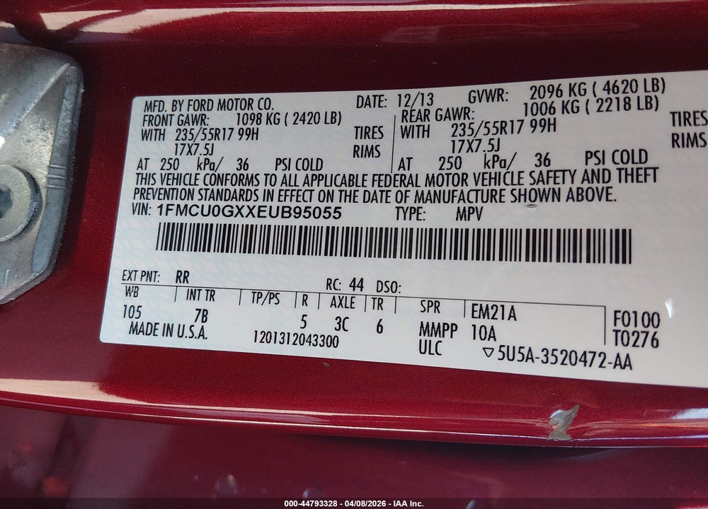 2014 FORD ESCAPE SE VIN: 1FMCU0GXXEUB95055