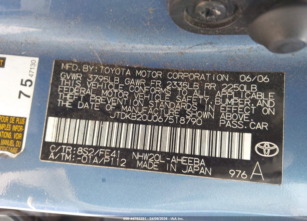 2006 TOYOTA PRIUS VIN: JTDKB20U067518790
