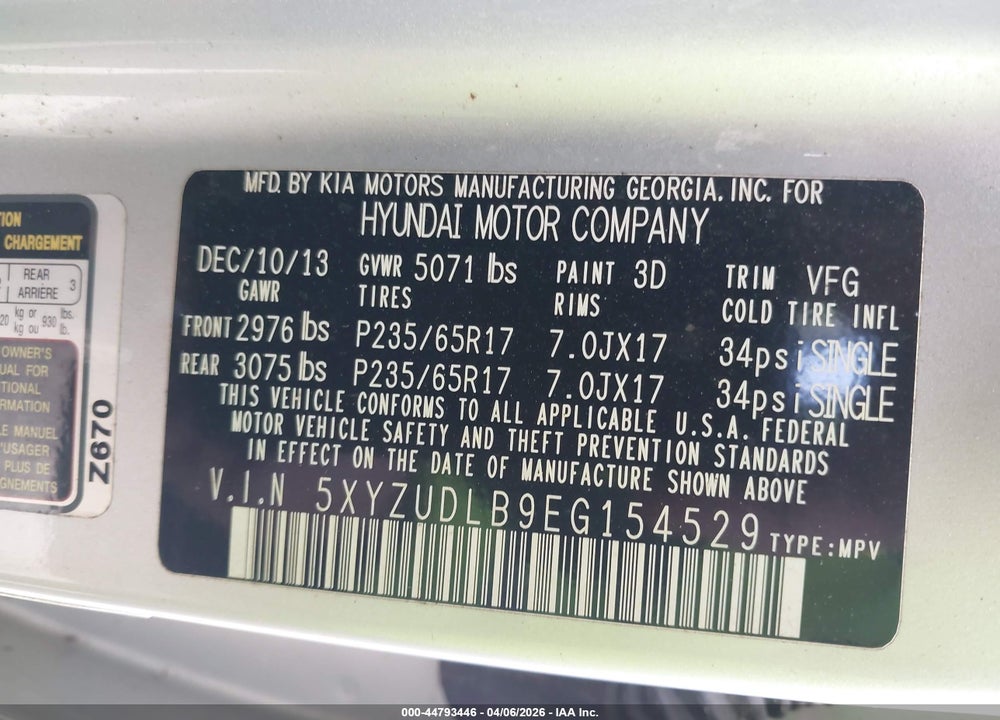 2014 HYUNDAI SANTA FE SPORT 2.4L VIN: 5XYZUDLB9EG154529