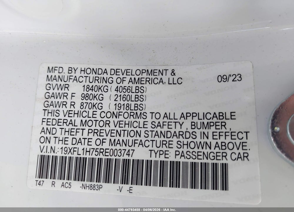 2024 HONDA CIVIC EX-L VIN: 19XFL1H75RE003747