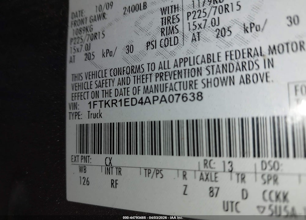 2010 FORD RANGER XL/XLT VIN: 1FTKR1ED4APA07638