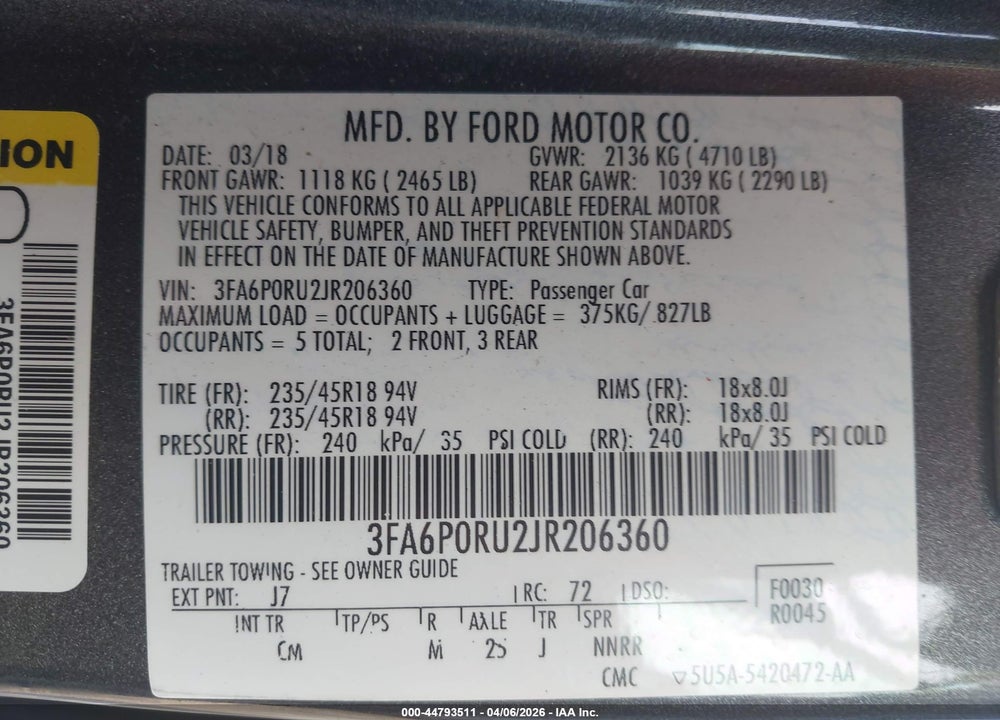 2018 FORD FUSION HYBRID TITANIUM VIN: 3FA6P0RU2JR206360
