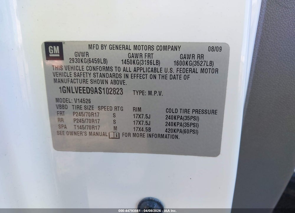 2010 CHEVROLET TRAVERSE LS VIN: 1GNLVEED9AS102823