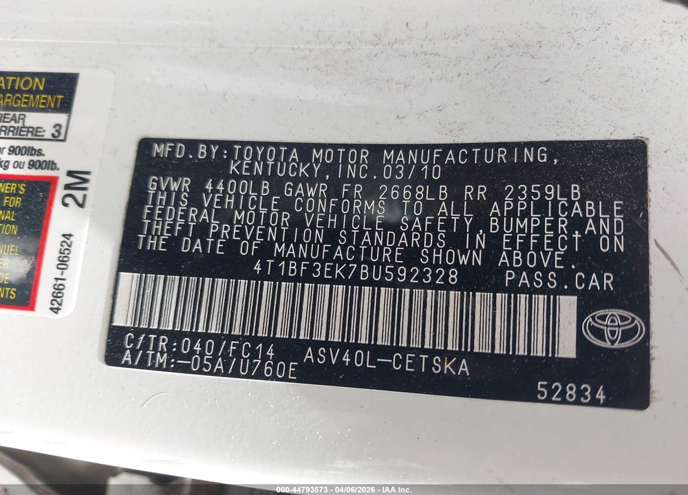 2011 TOYOTA CAMRY SE VIN: 4T1BF3EK7BU592328