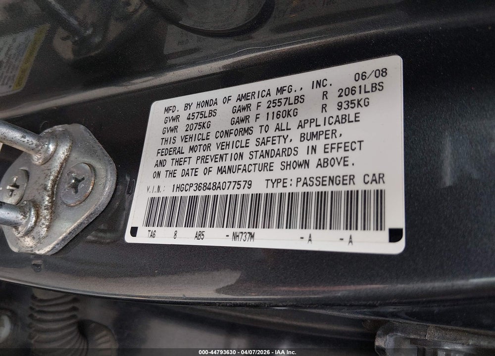 2008 HONDA ACCORD 3.5 EX-L VIN: 1HGCP36848A077579