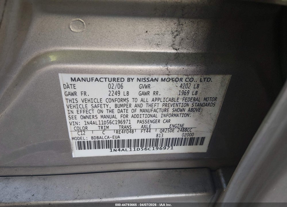 2006 NISSAN ALTIMA 2.5 S VIN: 1N4AL11D56C196971