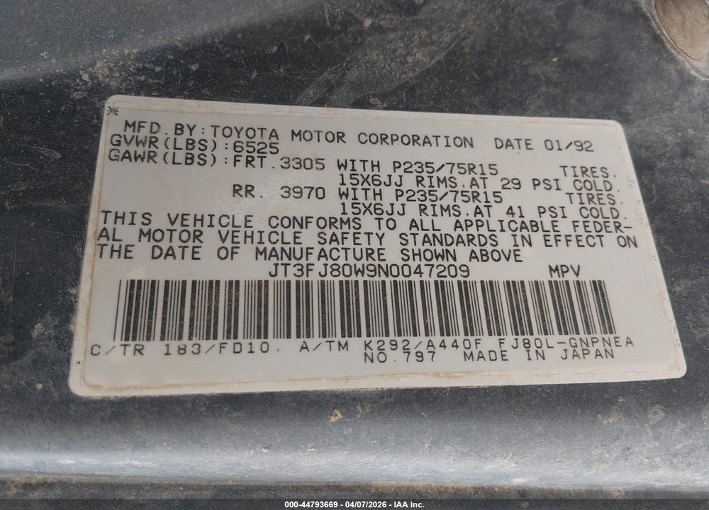 1992 TOYOTA LAND CRUISER FJ80 VIN: JT3FJ80W9N0047209