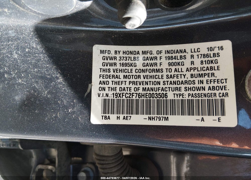 2017 HONDA CIVIC EX VIN: 19XFC2F76HE003506