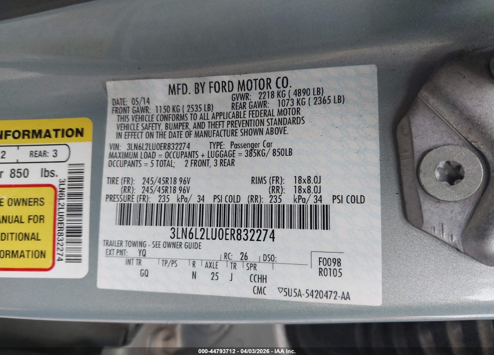 2014 LINCOLN MKZ HYBRID VIN: 3LN6L2LU0ER832274