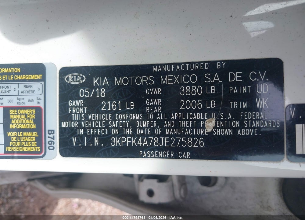 2018 KIA FORTE LX VIN: 3KPFK4A78JE275826