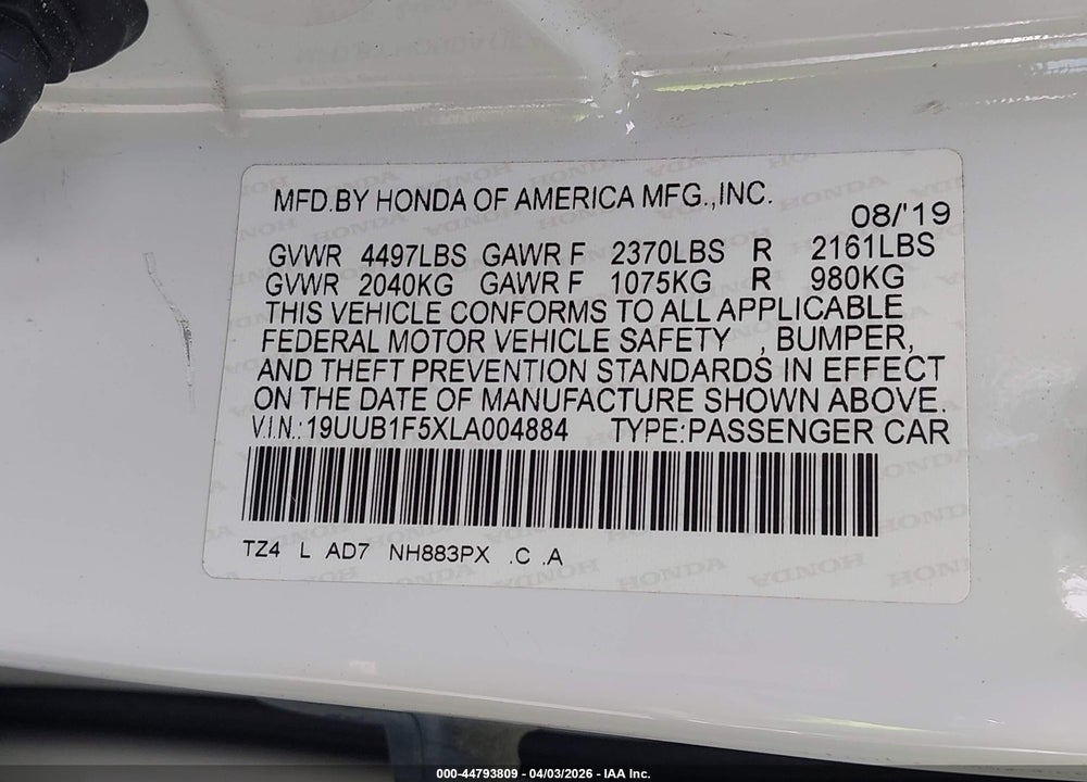 2020 ACURA TLX TECH PACKAGE VIN: 19UUB1F5XLA004884