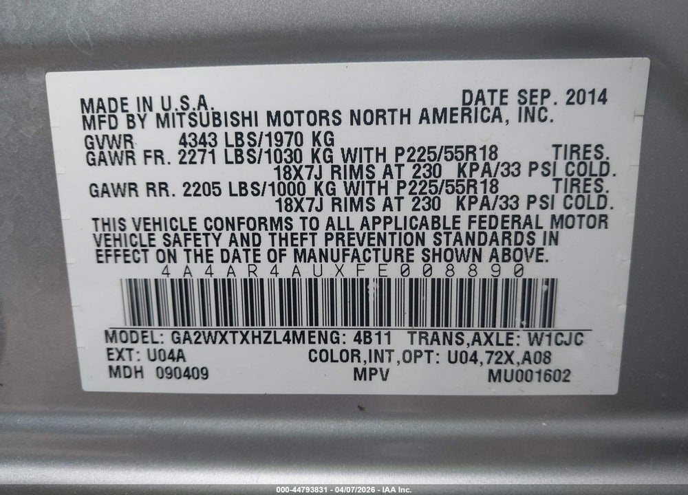 2015 MITSUBISHI OUTLANDER SPORT SE VIN: 4A4AR4AUXFE008890