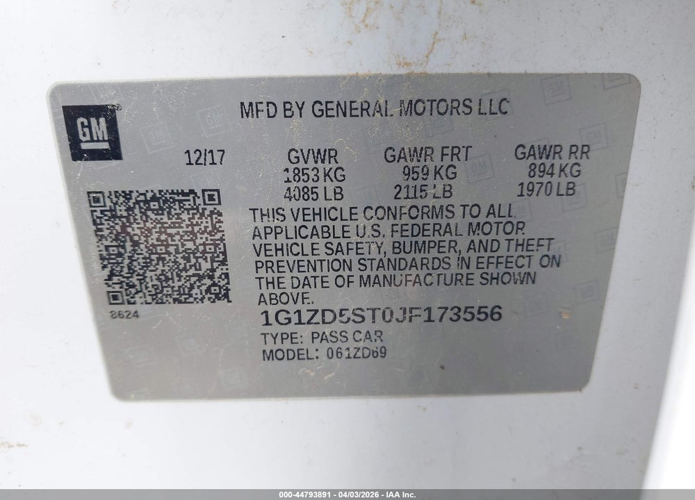 2018 CHEVROLET MALIBU LT VIN: 1G1ZD5ST0JF173556