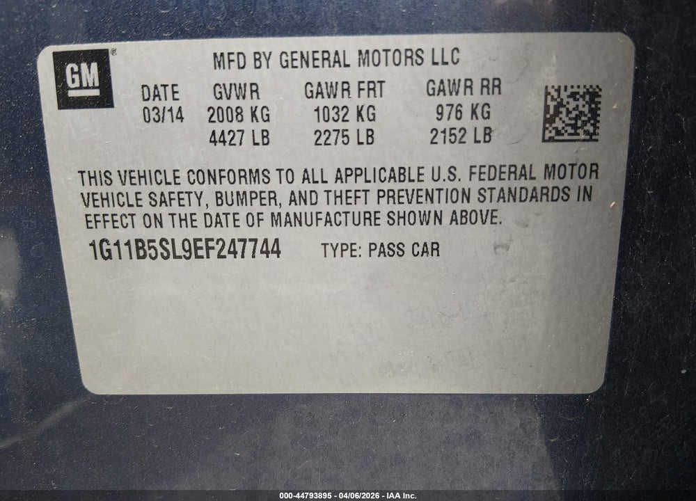 2014 CHEVROLET MALIBU 1LS VIN: 1G11B5SL9EF247744