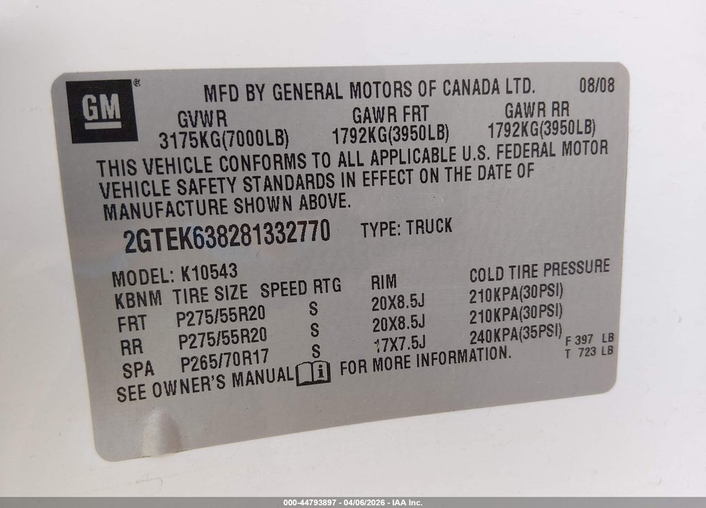 2008 GMC SIERRA 1500 DENALI VIN: 2GTEK638281332770