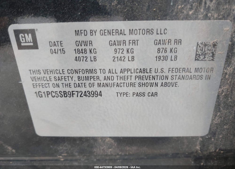 2015 CHEVROLET CRUZE 1LT AUTO VIN: 1G1PC5SB9F7243994