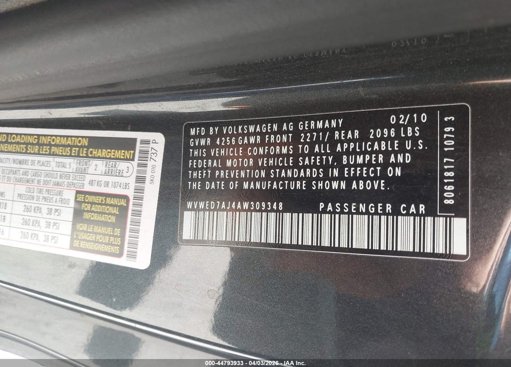 2010 VOLKSWAGEN GTI 2-DOOR VIN: WVWED7AJ4AW309348
