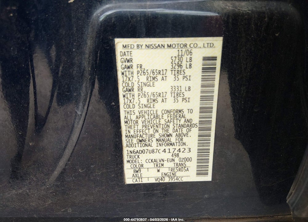 2007 NISSAN FRONTIER LE VIN: 1N6AD07U87C417423