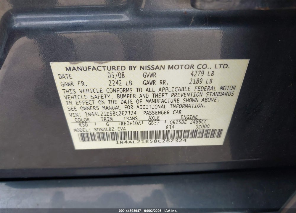 2008 NISSAN ALTIMA 2.5 S VIN: 1N4AL21E58C262324