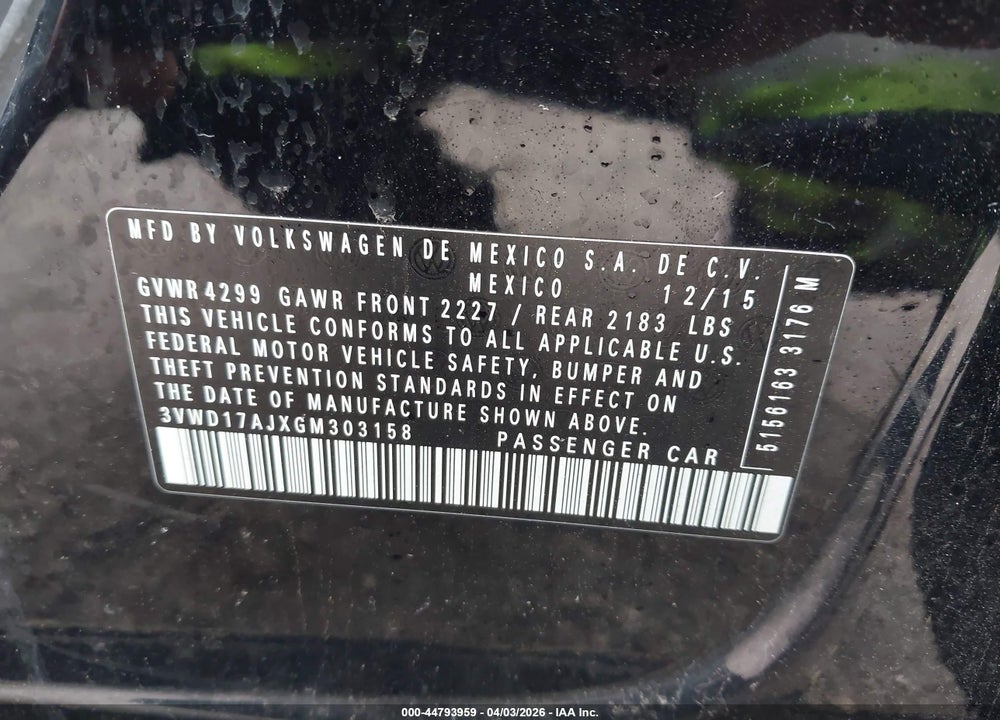 2016 VOLKSWAGEN JETTA 1.8T SPORT VIN: 3VWD17AJXGM303158